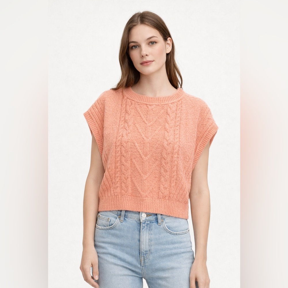 Pilcro Anthro Light Coral Cable Knit Sweater Vest Cropped Cozy Knit SP